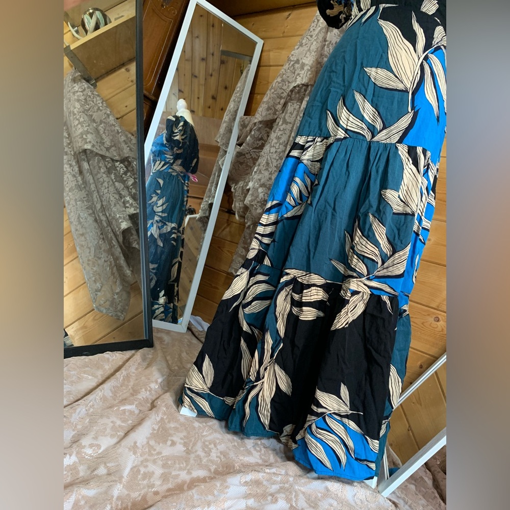 Linen Tropical Tiered Maxi Dress Prairie Romantic Vacation Resort Luxe Size 10 - Picture 3 of 15
